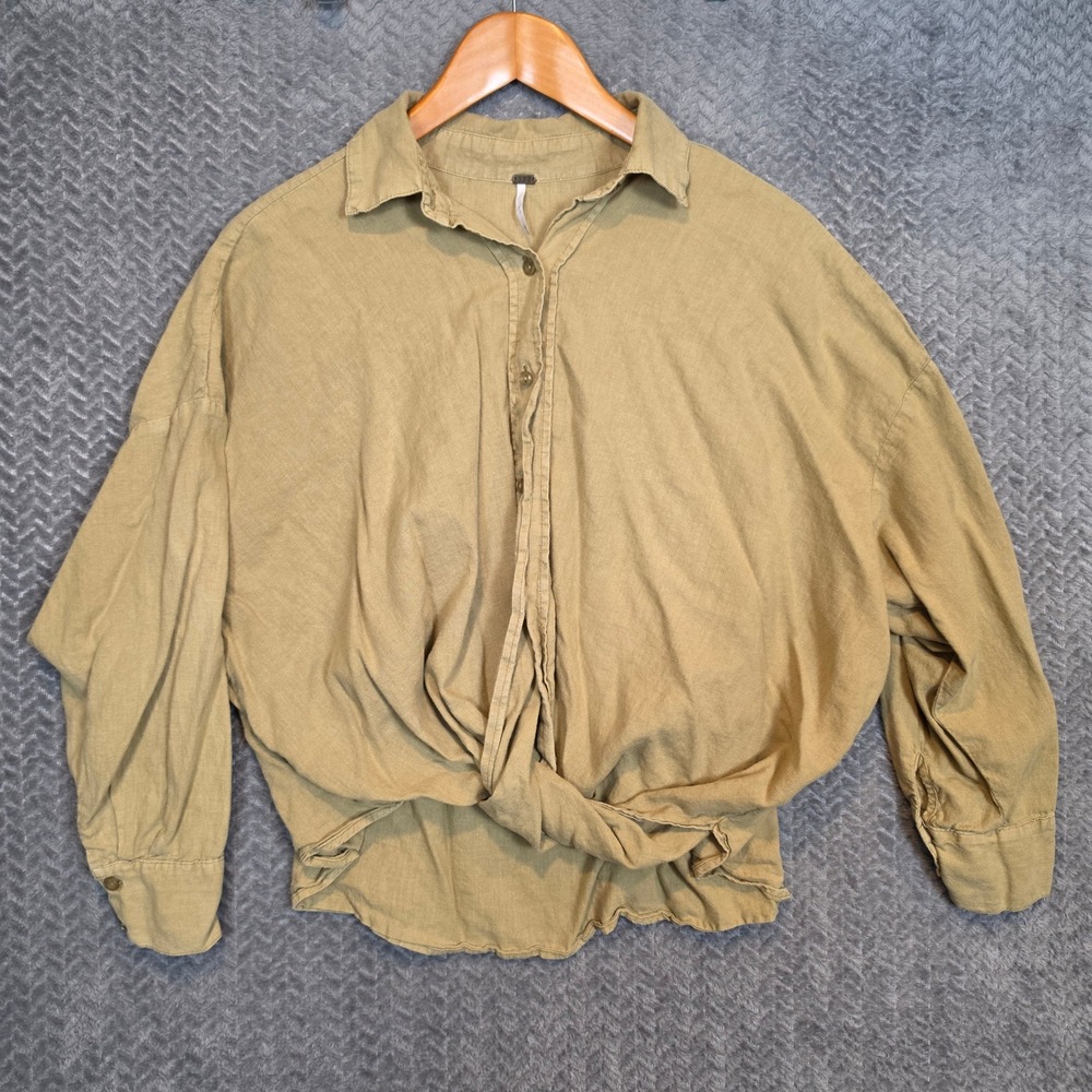 YFB Young Fabulous & Broke Women Olive Green Linen Blend Twist Front Shirt M